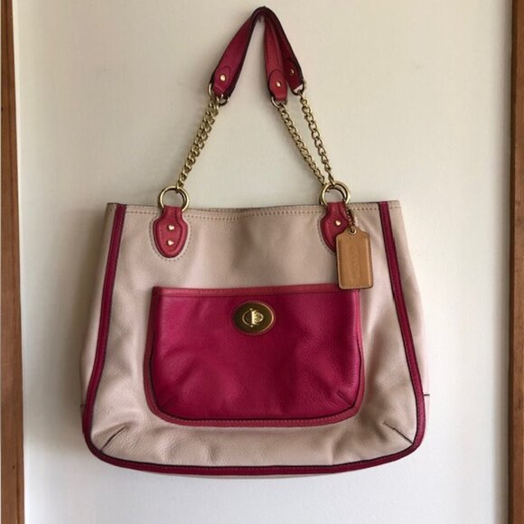 COACH Pink Cream/ Light Taupe Leather Color Block Chain Strap Tote Purse - Picture 3 of 14